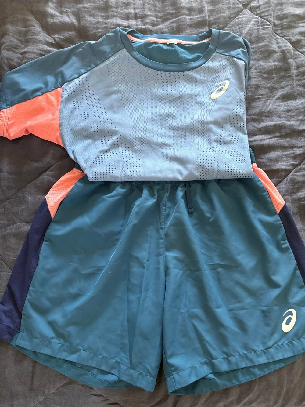 Asics Teal Tennis Shorts and Shirt Set with Coral Accents